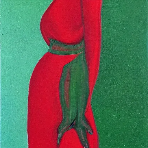 Prompt: ethereal woman in a green dress with a red sweater, painting by nicole susan