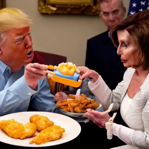 Image similar to Nancy pelosi feeding man baby Donald trump chicken nuggets who is sitting in a high chair, mannerism