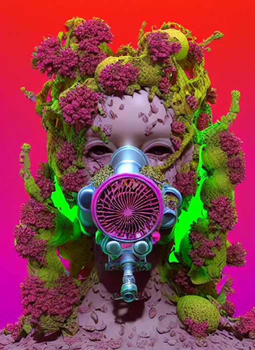 Image similar to hyper detailed 3d render like a sculpture - profile subsurface scattering (a beautiful fae princess gas mask protective playful expressive from that looks like a borg queen scene kid wearing a sundress made of flowers) seen red carpet photoshoot in UVIVF posing in chromatic light pattern pool of water to Eat bite of the Strangling network of yellowcake aerochrome and milky Fruit and His delicate Hands hold of gossamer polyp blossoms bring iridescent fungal flowers whose spores black the foolish stars by Jacek Yerka, Ilya Kuvshinov, Mariusz Lewandowski, Houdini algorithmic generative render, golen ratio, Abstract brush strokes, Masterpiece, Victor Nizovtsev and James Gilleard, Zdzislaw Beksinski, Tom Whalen, Mark Ryden, Wolfgang Lettl, hints of Yayoi Kasuma and Dr. Seuss, Grant Wood, octane render, 8k, maxwell render, siggraph