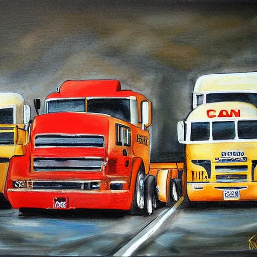 Image similar to an awesome painting with trucks by peter klasen