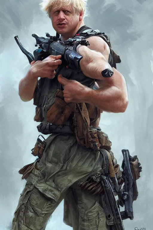 Image similar to Boris Johnson as Rambo First Blood, Boris Johnson hairstyle, masculine figure, highly detailed, digital painting, artstation, concept art, smooth, sharp focus, illustration, cinematic lighting, art by artgerm and greg rutkowski and alphonse mucha