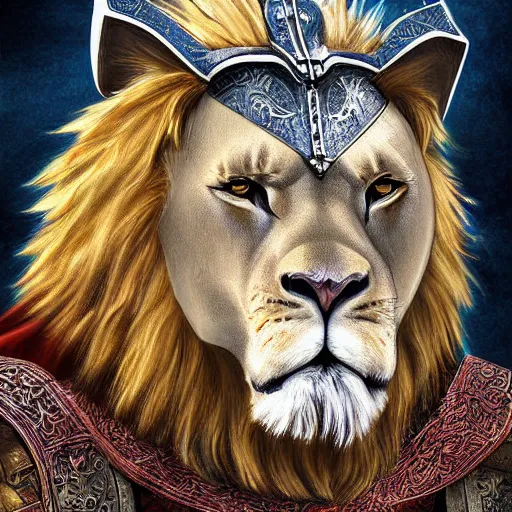 Image similar to book cover about a medieval lion knight, digital art, realistic, detailed, fantasy