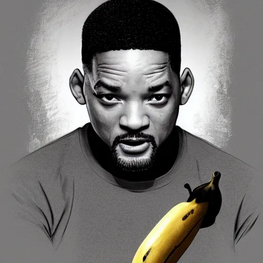 Prompt: Will Smith slapping a big banana, 8k, detailed face, extremly detailed, illustration, art, behance, sharp