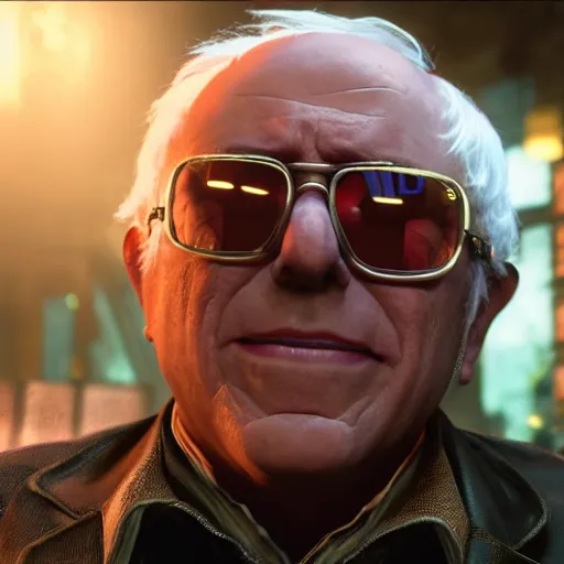 Prompt: portrait ofbernie sanders as willy wonka in gears of war, splash art, movie still, detailed face, photorealistic facial features, cinematic lighting, dramatic, octane render, long lens, shallow depth of field, bokeh, anamorphic lens flare, 8 k, hyper detailed, 3 5 mm film grain