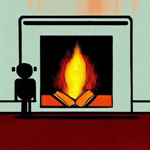 Image similar to “a lonely robot reads a book near a fireplace in a Victorian home.”