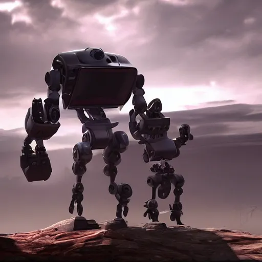 Prompt: xbox robot vs playstation robot, post apocalyptic, hd, unreal engine, cinematic