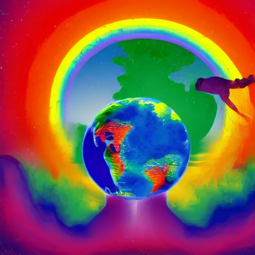 Image similar to rainbow dog carrying the earth in its mouth, 8 k, hd