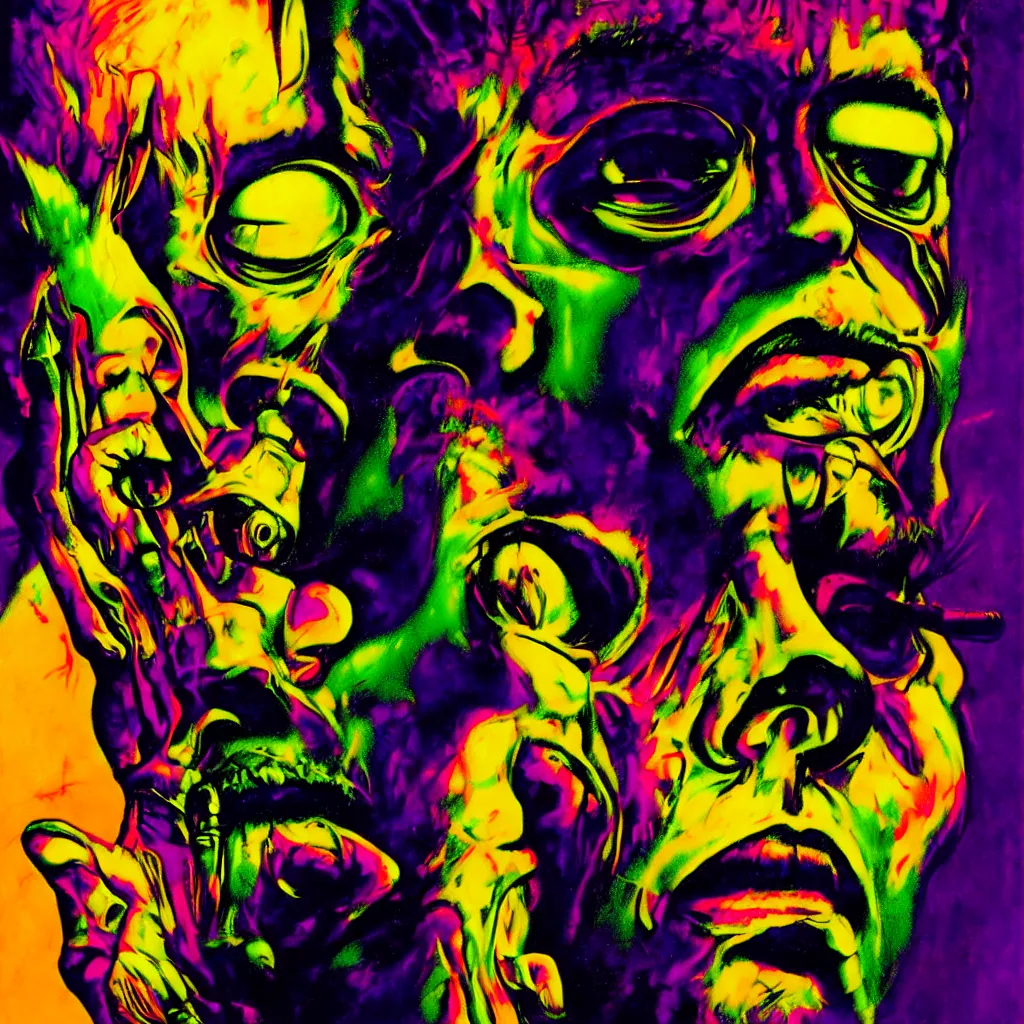 Image similar to psychedelic bright portrait of bill hicks smoking in the style of hans giger, alex grey, lynchian atmosphere, film noir, concept art, art by kuvshinov ilya and zdislav beksinski and wayne barlowe, vivid colors, yellow, purple, red, black, blue, green, orange, pink