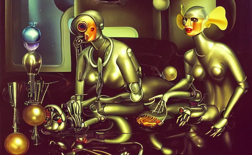 Prompt: strange seductive futuristic robot body, enticing colorful oil painting dutch golden age vanitas longing sensual still life sparse composition with bulbous objects strange gooey transparent surfaces shiny metal reflections bizarre mutant meat insects rachel ruysch dali todd schorr very detailed perfect composition rule of thirds masterpiece canon 5 0 mm, cinematic lighting, photography, retro, film, kodachrome