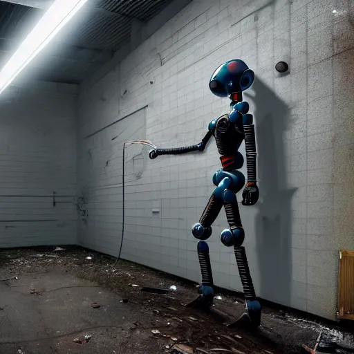 Prompt: a humanoid robot spray painting a wall in an abandoned building. industrial, realism, futuristic. by tyler kinkaid, ralph mcquarrie, simon stalenhag. digital art, concept art, artstation, octane, uhd hdr