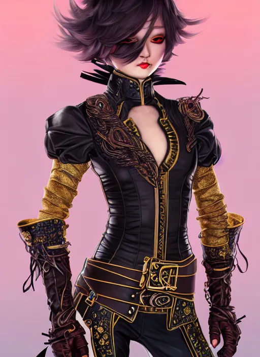 Image similar to rogue, fantasy ornate leather bandit outfit!!! beautiful and athletic short hair female!! gorgeous face and eyes!! character concept art, sharp focus, octane render! unreal engine 5! highly rendered!! trending on artstation!! detailed linework!! illustration by chie yoshii, wlop, and artgerm