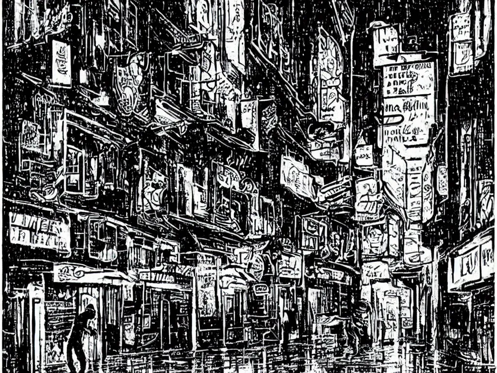 Prompt: Dim alleyway on a rainy night, lit by distant neon signs. A lone man leans against the wall. Bande dessinée art.