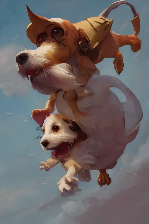 Image similar to adorable jack russel terrier jumping over a small house, fantasy art, artstation character design contest winner, trending on cgsociety, concept art, speedpaint, beautiful digital art, jesper ejsing, james jean, justin gerard, fenghua zhong, makoto shinkai, highly detailed