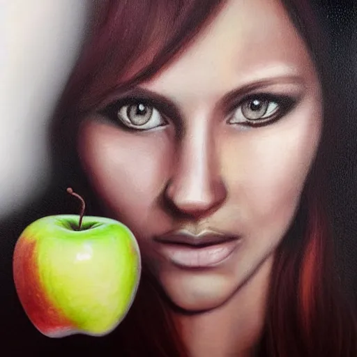 Prompt: hyper realistic portrait of a beautiful women queen holding in a hand big juicy apple