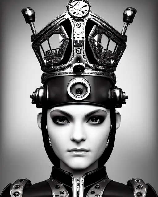 Prompt: black and white side portrait ultra detailed, beautiful female android with steampunk mechanical skin, crown, deity, sharp focus, highly detailed global illumination, concept art. 8 k