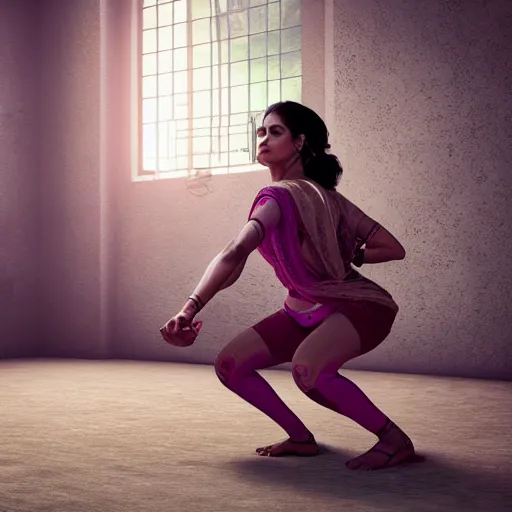 Image similar to indian woman doing squats, ultra realistic, concept art, intricate details, highly detailed, photorealistic, octane render, 8 k, unreal engine