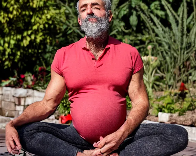 Image similar to mr robert smoke weed and meditate in the garden, he has dark grey hairs, detailed glad face, muscular chest, pregnant belly, golden hour closeup photo, red elegant shirt, eyes wide open, ymmm and that smell