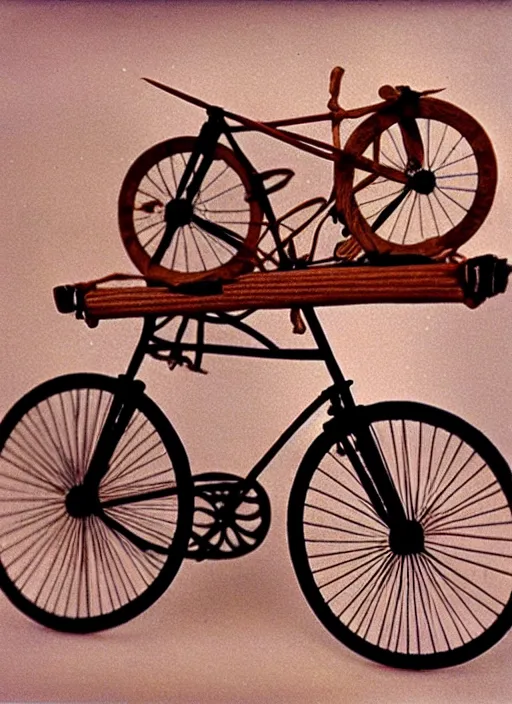 Image similar to realistic photo of a a medieval ritual astronomy appliance bicycle, made of wood white clay black plastic 1 9 9 0, life magazine reportage photo, natural colors, metropolitan museum collection