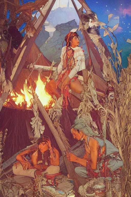 Image similar to serene scene of native americans around a fire in front of a tipi, by artgerm and yoshitaka amano and moebius and alphonse mucha, hyperdetailed, dc comics, ornate, nebula, explosions in the sky, trending on artstation