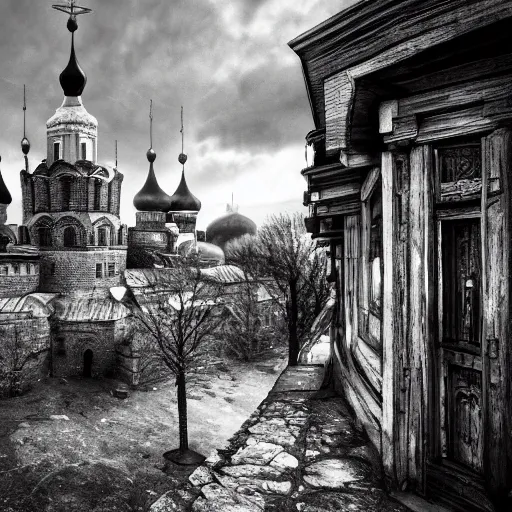 Prompt: photo beautiful magical ancient Slavic Russian city of Kitezh, black and white image, fisheye lens, painting by Viktor Vasnetsov, concept art, magical city, fantasy cityscape, ancient Slavs, wooden buildings, ancient Russian architecture, terem, hyperborea, top cinematic lighting , cinematic mood, very detailed, 8k, high resolution, trending on artstation, painting by Nicholas Roerich, artstationHD,