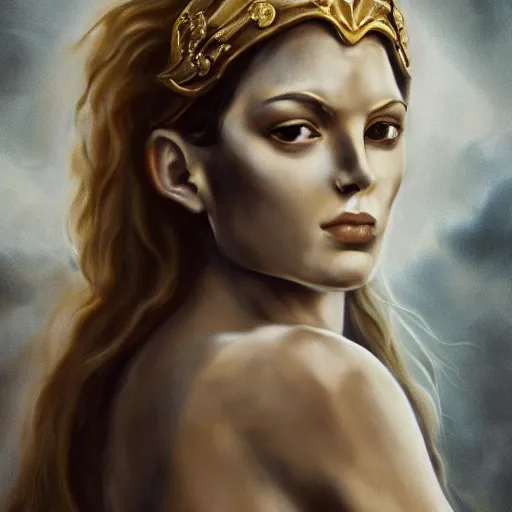 Image similar to Absolutely gorgeous greek goddess of fashion and fire, she is smithing the most metal armour for the olympian gods, cinematic lighting, high quality 8k hd, oil on canvas, hyperralistic art
