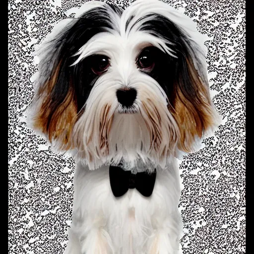 Image similar to a cream - colored havanese dog in a black and white sequined dress posing for a picture, a poster by david lachapelle, instagram contest winner, private press, tarot card, blueprint, black background