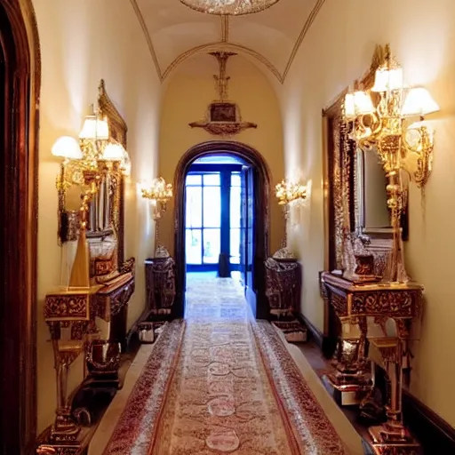 Image similar to corridor in mansion, opulent, highly detailed