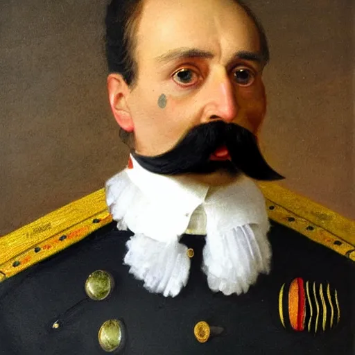 Prompt: realistic portrait of a moustachio'd bean wearing an english general's outfit, oil painting, matte, history, victorian era, classical art, from the british museum's collection