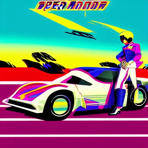 Prompt: speed racer in outrun style, dreamwave, synthwave, 1980s