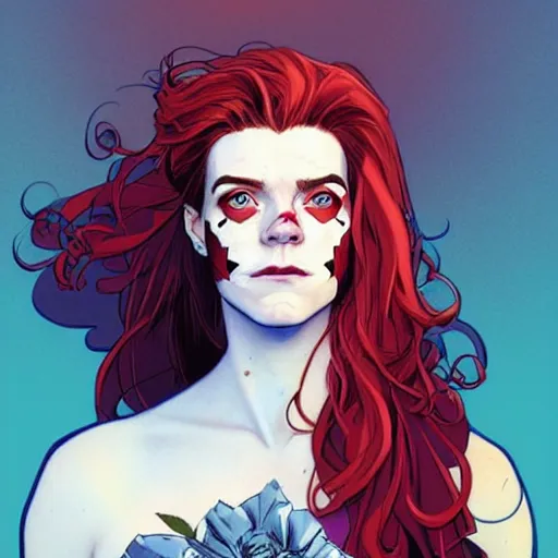 Prompt: Rafeal Albuquerque comic art, Joshua Middleton comic art, pretty female Rose Leslie, Scottish warrior, scots blue facepaint, big smirk, symmetrical face, symmetrical eyes, long red hair, full body, battlefield background:: sunny weather::