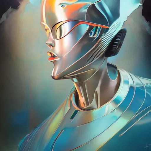 Image similar to scifi futurism automaton minimalism chrome by peter mohrbacher art Hajime Sorayama airbrush hyperrealism model abstract shatter fragments cubism futurism pastel blue soft flat minimal minimalism portrait face jackson pollock ukiyo-e lithograph mark ruthko swirl escape noise shimmer glow paint