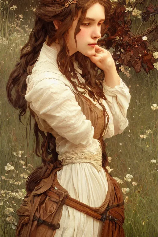 Image similar to beautiful cottagecore young peasant maiden, intricate, elegant, highly detailed, digital painting, artstation, concept art, smooth, sharp focus, illustration, art by artgerm and greg rutkowski and alphonse mucha