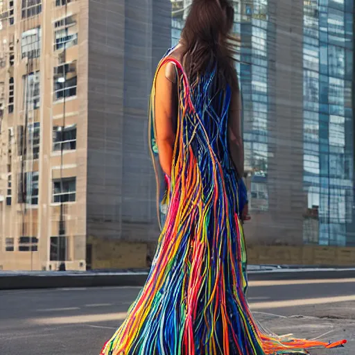 Prompt: woman in a long, flowing dress made of multi-colored wires and cables