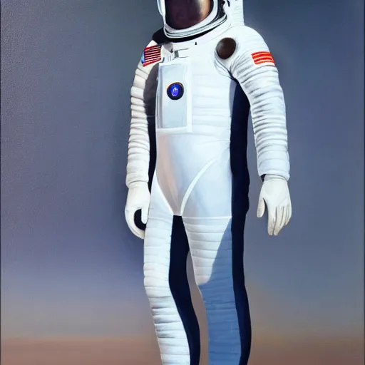 Prompt: fashion model in futuristic astronaut suit, full body portrait, hyperrealism oil painting