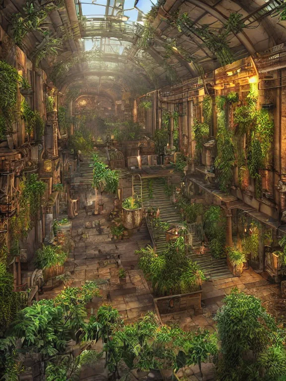 Image similar to A scenic view of A steampunk hall full of plants in undercity district depth ,by guido borelli ,vray Lumion