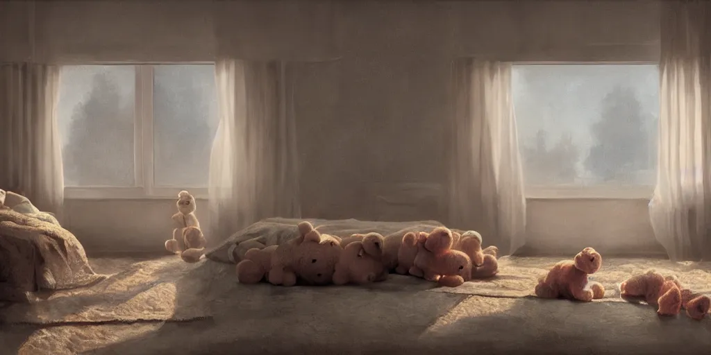 Prompt: a room with a bed, teddy bears and a window, a photorealistic painting by james paick, cgsociety, photorealism, volumetric lighting, matte painting, photorealistic