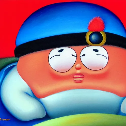 Image similar to a fernando botero painting of eric cartman, oil on canvas, art