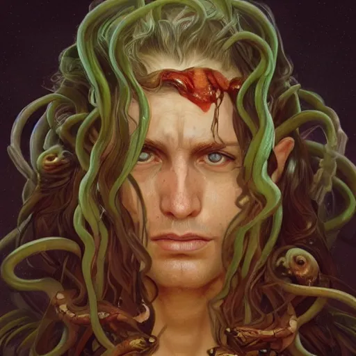Image similar to male medusa, highly detailed, snakes, digital painting, blood in the eyes, cute face, artstation, concept art, smooth, sharp focus, illustration, art by artgerm and greg rutkowski and alphonse mucha