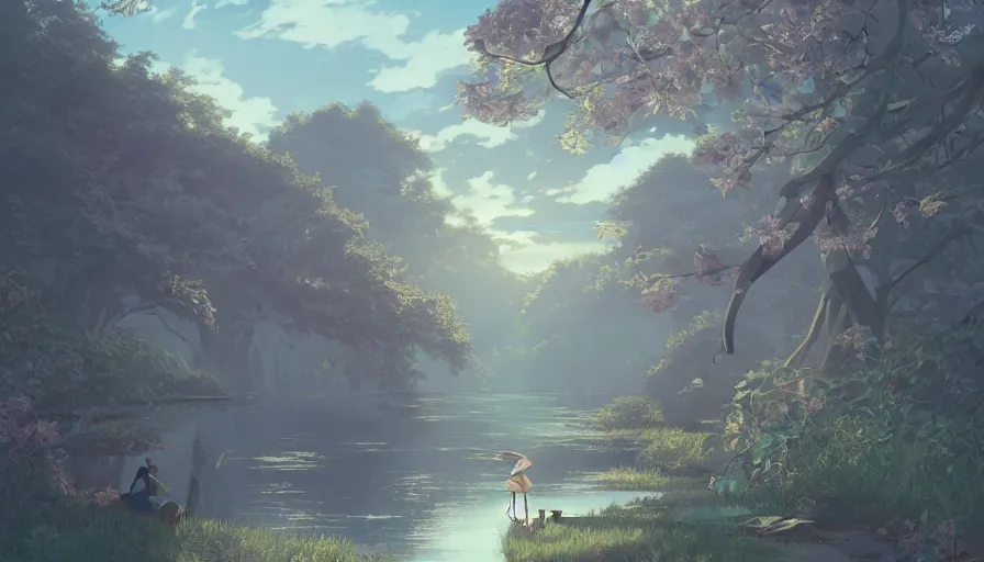 Image similar to john james audubon, serene evening atmosphere, soft lens, soft light, cel - shading, animation, in the style of cgsociety, deviantart, artstation, zbrush, cinema 4 d, studio ghibli, akihiko yoshida, atelier lulua, masamune shirow