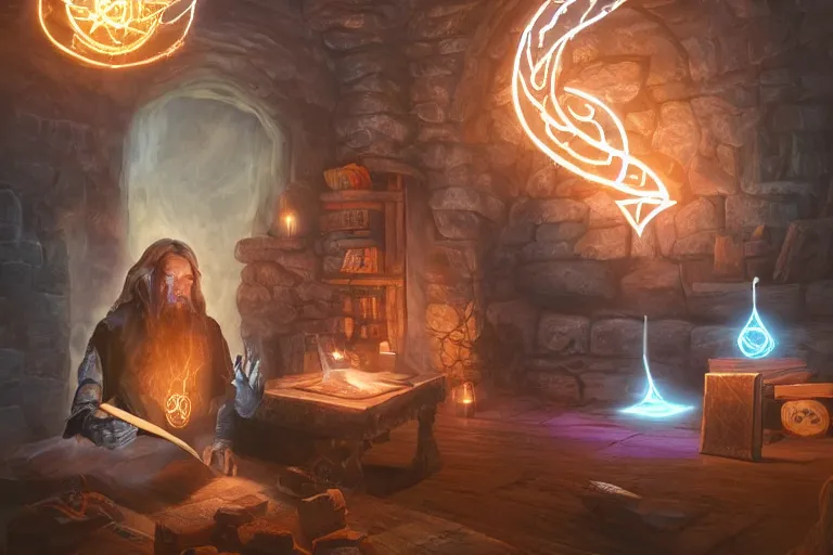 Image similar to A skilled sorcerer in their study, drawing glowing magic runic symbols in the air, enchanting objects with glyph magic, D&D fantasy setting, 4k