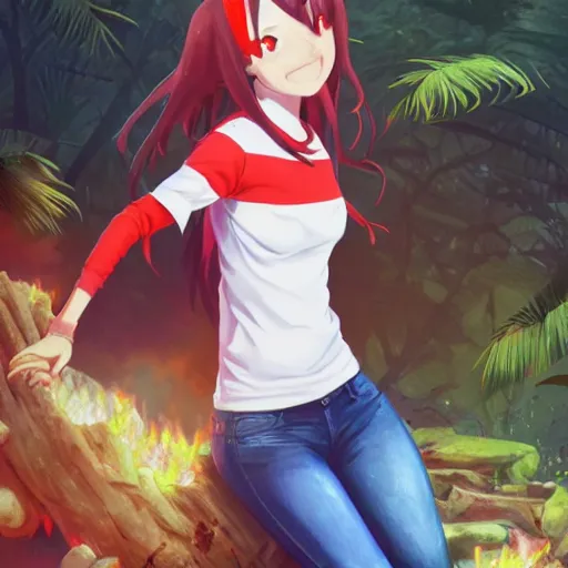 Prompt: real nagatoro using white and red tight raglan sleeves, tight blue jeans and cool shoes in a tropical forest, epic hair glowy fire flames, artstation, 3 d ray tracing, lumen, octane render flawless masterpiece concept art professionally post processed by wlop