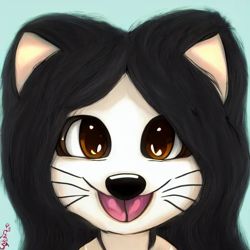 Image similar to headshot of young female furry, maple story, cute, fantasy, intricate, long hair, dark grey skin, mouse face, maplestory mouse, dark skin, mouse head, mouse ears, black hair, elegant, cartoony, Deviantart, artstation, character art of maple story, smooth, sharp focus, illustration, art by Diives