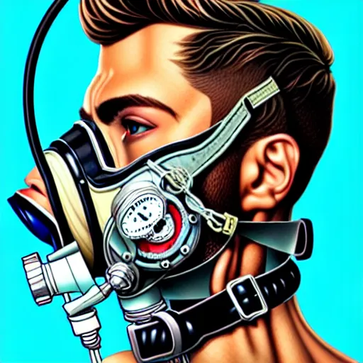 Prompt: portrait of a male diver with a oxygen mask intricate details mask in side profile by MARVEL comics and Sandra Chevrier