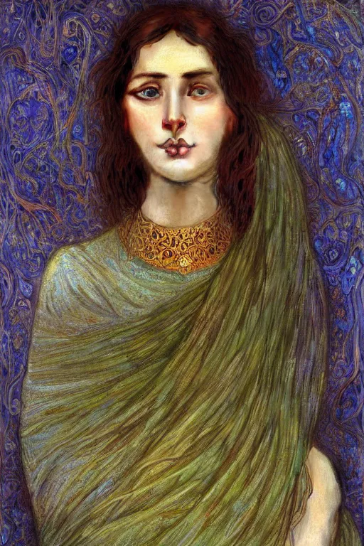 Image similar to 8k Portrait of a Beautiful sad Arabic female, sad green eyes, beautiful Porcelain skin, no hands, elegant, jewellery, digital painting, Pre-Raphaelites, highly detailed, concept art, cinematic lighting, smooth, sharp focus, gold, red and indigo, illustration, art by Klimt zdislav beksinski Alphonse Mucha.