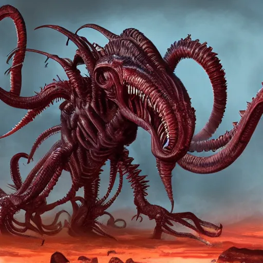 Prompt: xenomorph combined with tyranid ripper swarm, concept art