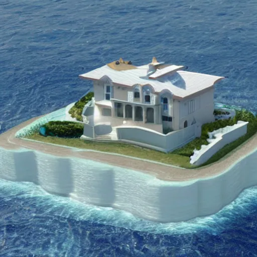 Prompt: A hyper realistic house in the middle of the ocean