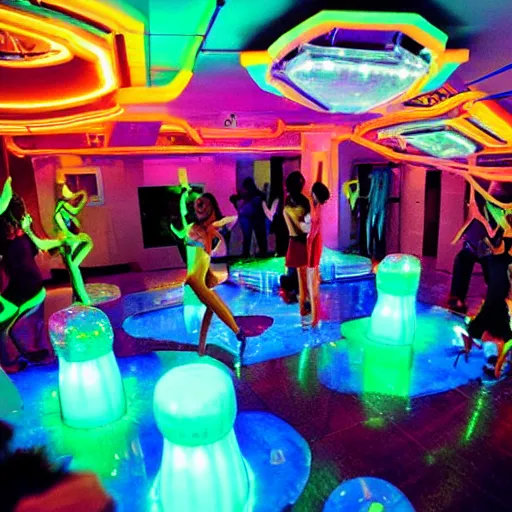 Image similar to futuristic night club with a light up dance floor and puppies dancing