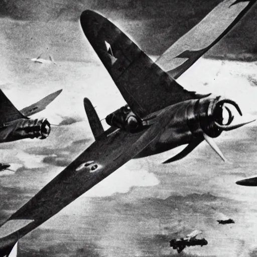 Image similar to photo of Japanese dogfighters in an aerial battle against a giant oriental dragon, world war 2, Color,