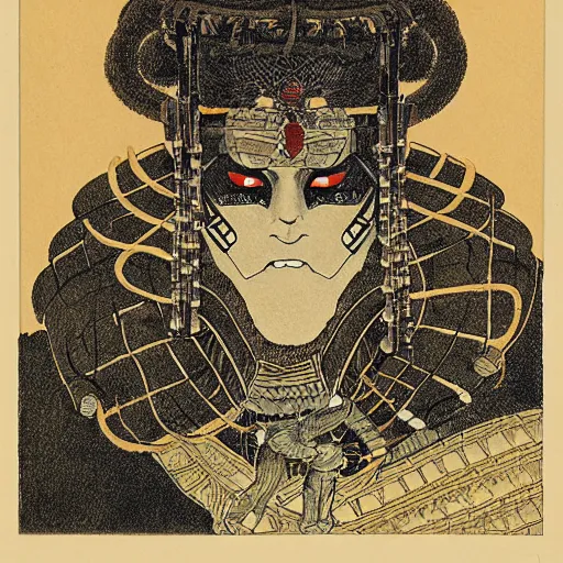 Image similar to highly detailed portrait of samurai warrior with oni demon mask armour by Moebius, Sergio Toppi, John Bauer, Kay Nielsen, Yoshitaka Amano