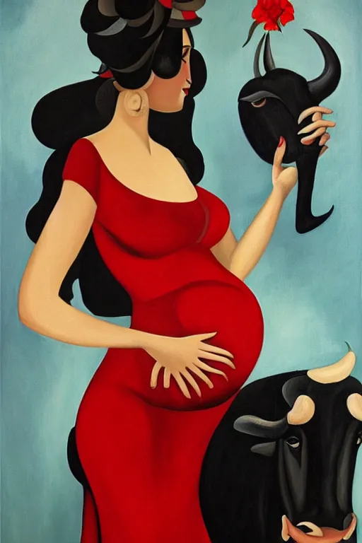 Prompt: highly detailed painting of pregnant flamenco dancer with a black bull head wearing red flower dress and holding a clock by tamara de lempicka